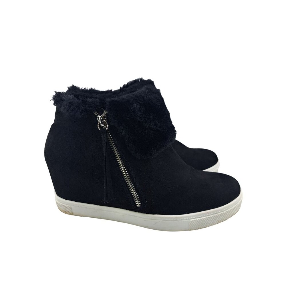 Brash Black Suede Faux Fur Cuff Wedge Ankle Bootie Women's Size 10 Shoes Sneaker